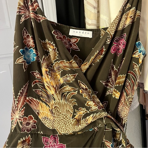 SANDRO PARIS olive army green phoenix bird floral silk sleeveless romper - Picture 3 of 9